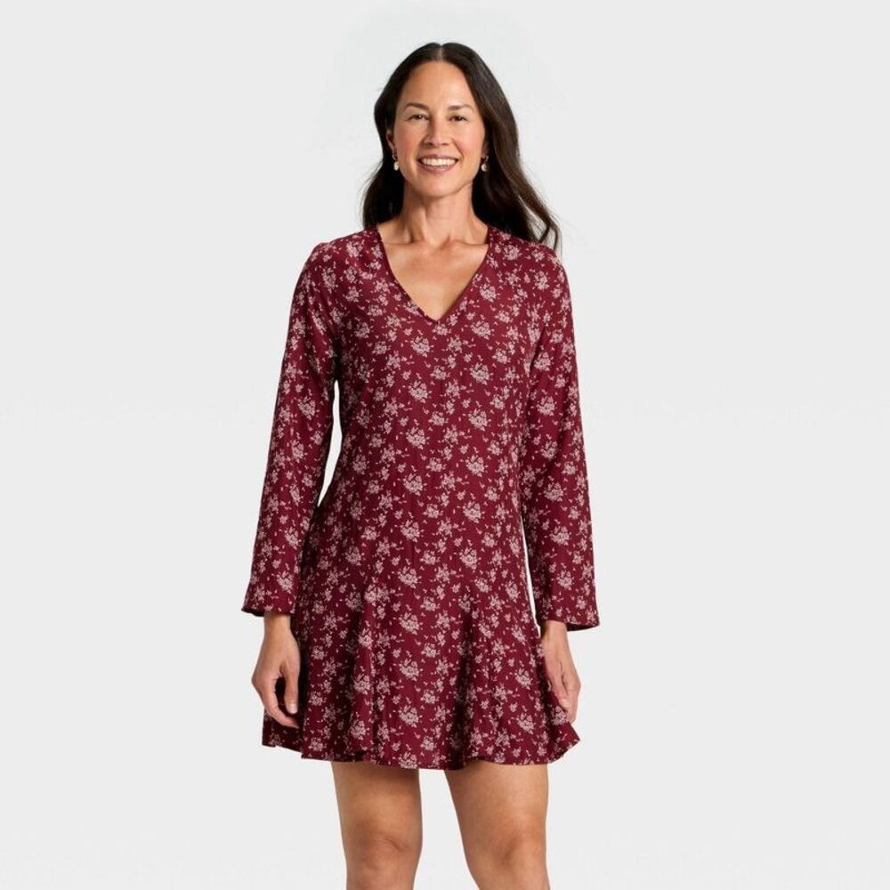 Women's Bell Long Sleeve Godet Mini A-Line Dress - Burgundy Floral XL